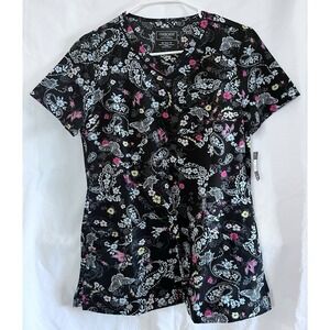 Cherokee Scrub Top Womens‎ Black Sz XS Floral Butterfly Print V-Neck CK678
